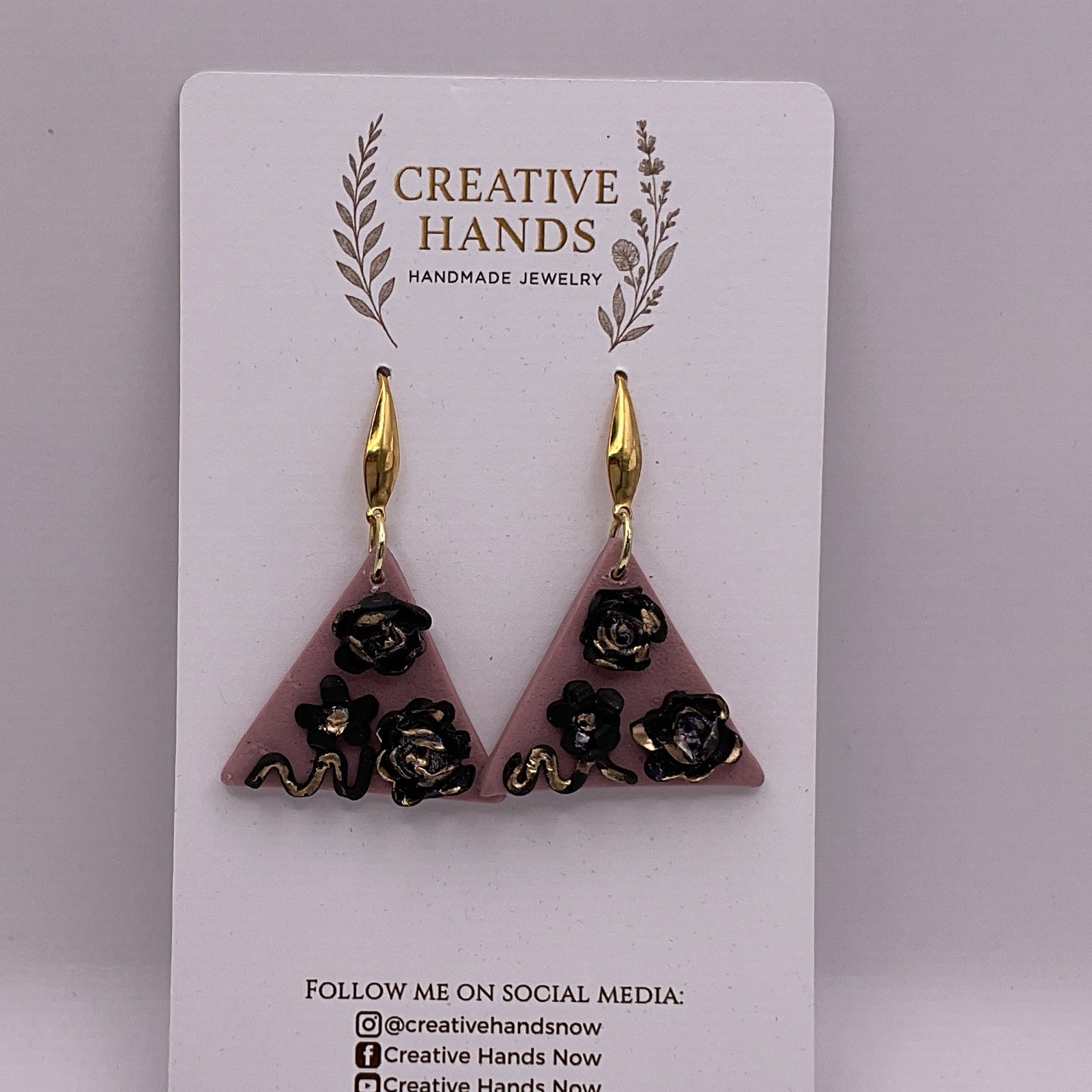 Handmade Pink Triangle Rose Vine Earrings Black Gold Floral Polymer Clay Dangle