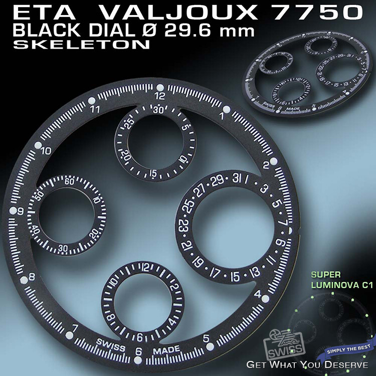 DIAL SKELETON FOR MOVEMENT ETA VALJOUX 7750, TACHHYMETER RING, BLACK, Ø 29.6 MM