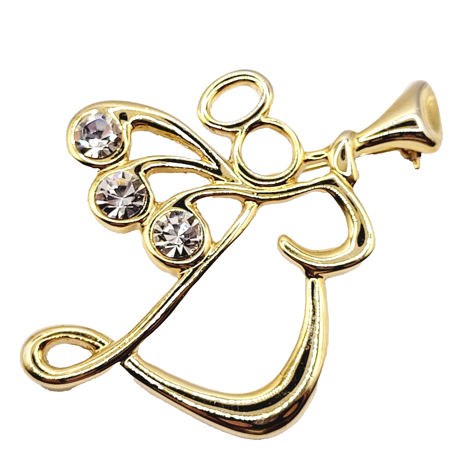 Angel Blowing Trumpet Rhinestone Tipped Wings Shiny Gold Tone Vintage Brooch Pin