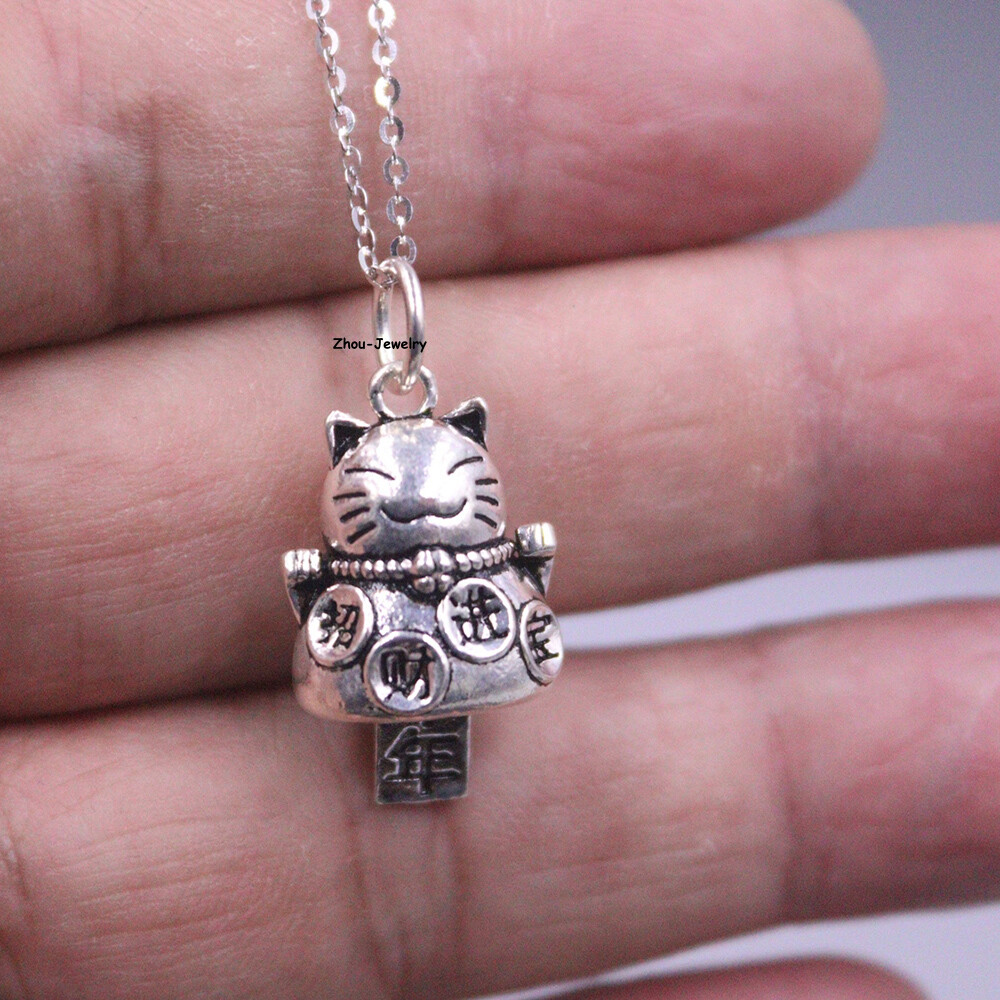 Real S925 Sterling Silver Pendant Men Women Fortune Cat Pendant 28*14mm 3-4g
