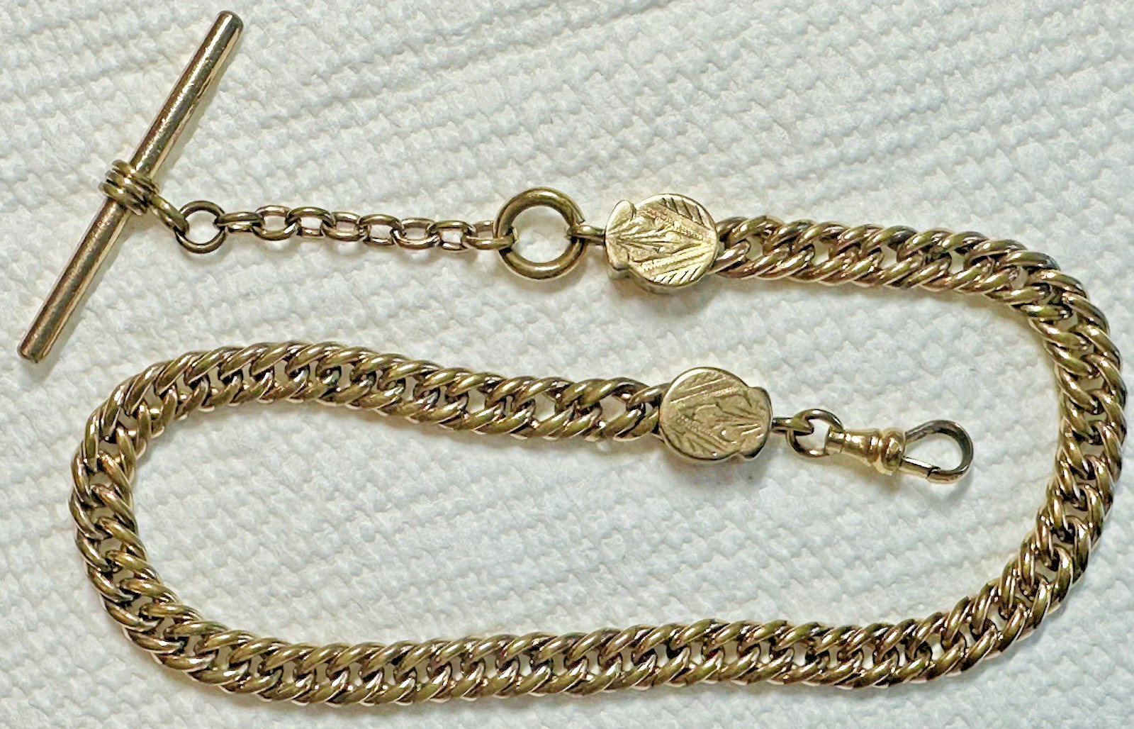 * Fancy Heavy Yellow Gold Filled GF 14 1/4″ Pocket Watch Chain & T Bar J5