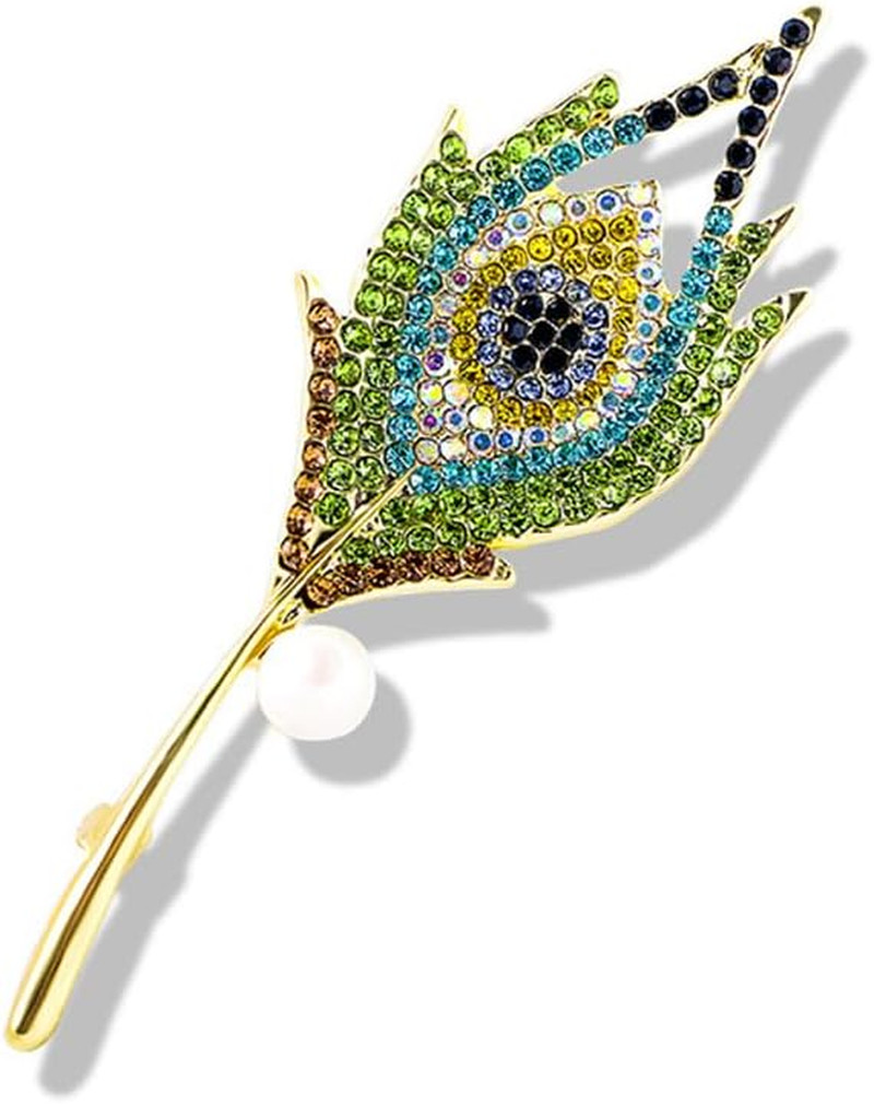 Vintage Peacock Feather Green Rhinestone Brooch Pin