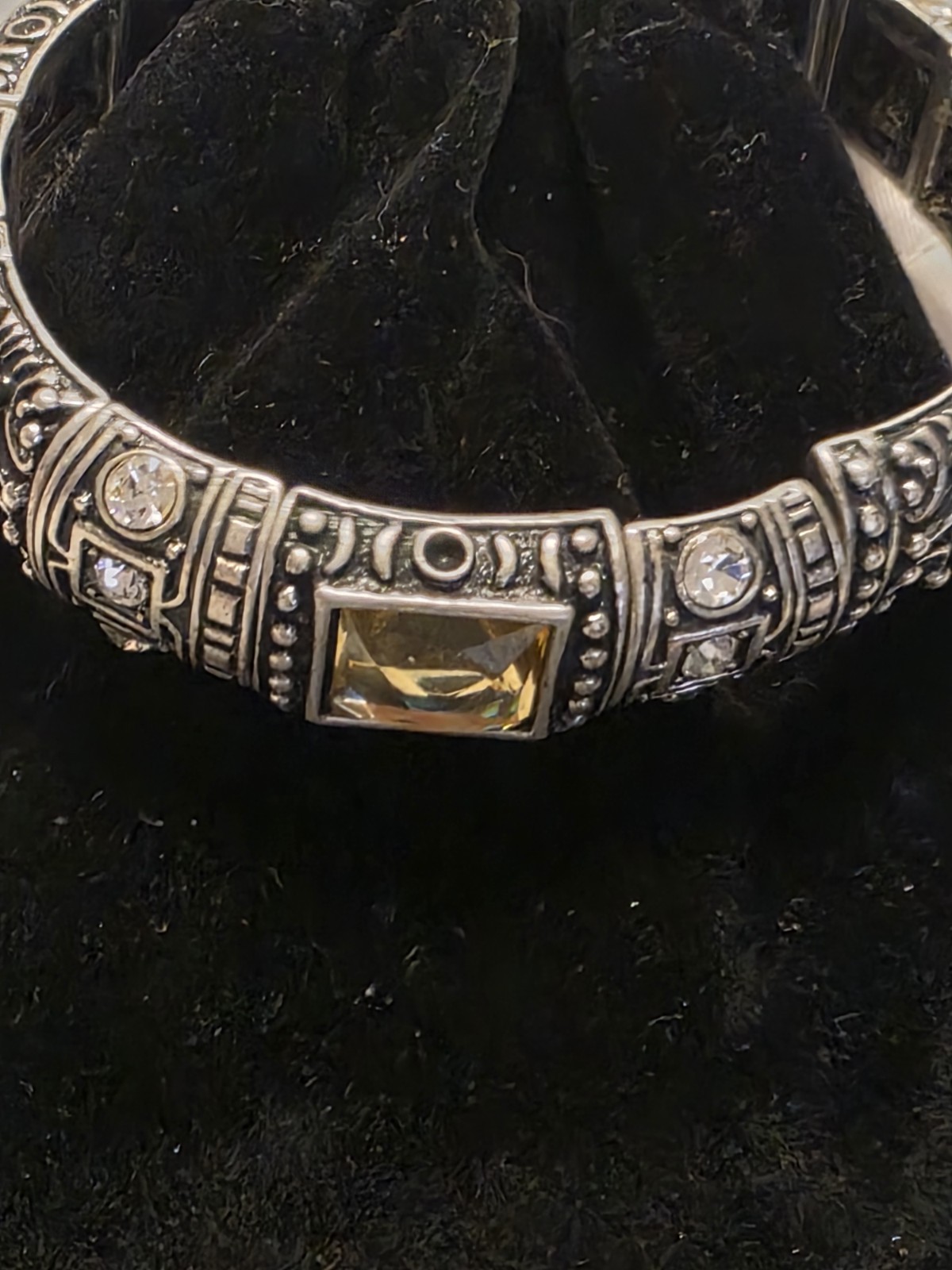 Silver Tone Hinged Bangle Bracelet Clear Crystal Bezel Set Rectangular Stone