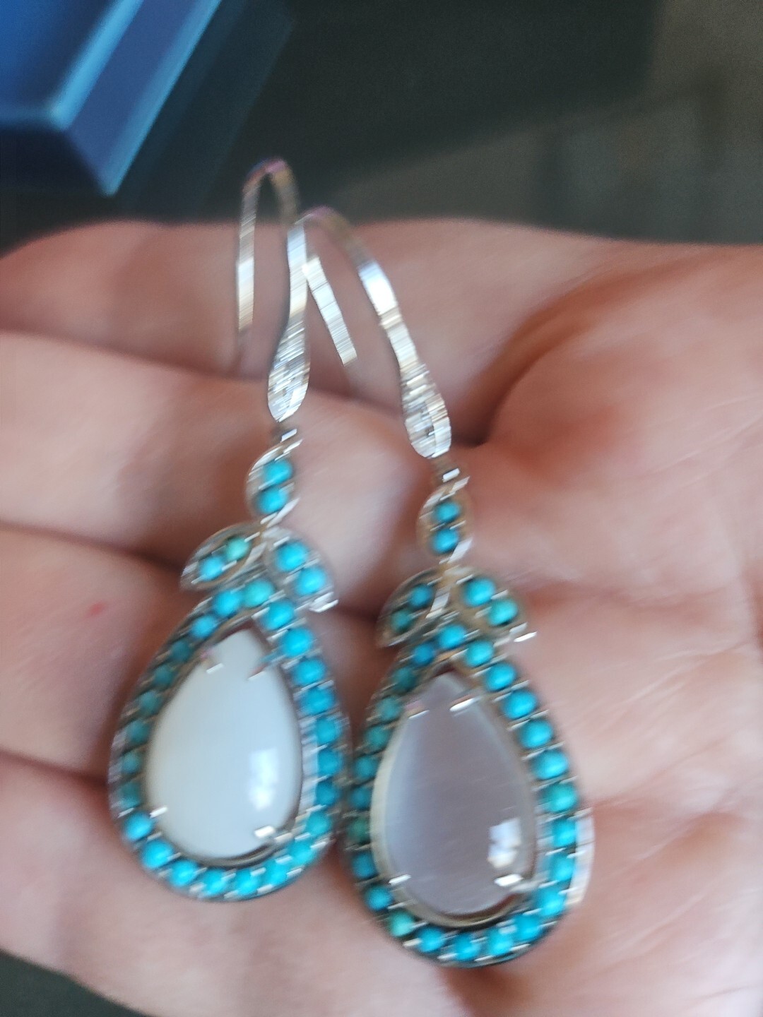 Affinity Gems Moon Stone & Blue Turquoise Sterling Silver 925 Drop Earrings NWOT