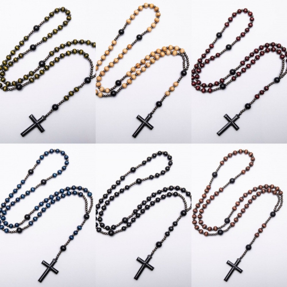 Wooden Prayer Beads Black Gallstones Cross Religious Necklace Wishing Pendant