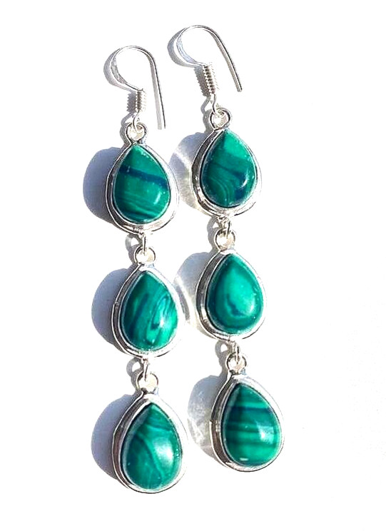 Natural Malachite Gemstone 925 Sterling Silver Handmade Jewelry Earrings 2.10″