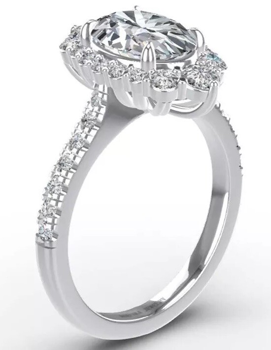 3.ct Oval Cut Moissanite Halo Engagement Ring Sterling 18K White Gold Plated Mar
