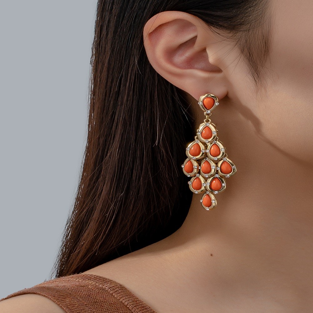 Orange Teardrop Stone Tassel Long Drop Dangle Earrings Gold Rhinestone Inlaid