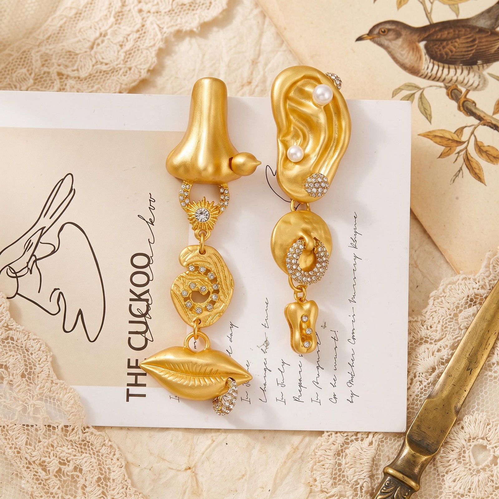 Gold Face Earrings Nose Ear Lip, Schiaparelli Style Asymmetrical Dangle