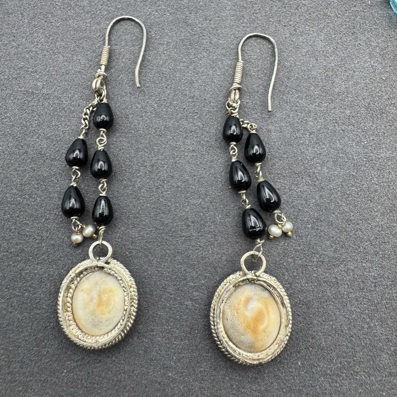 Artisan Silver Shiva Eye Shell Multi-Bead Necklace and Dangle Earrings Set