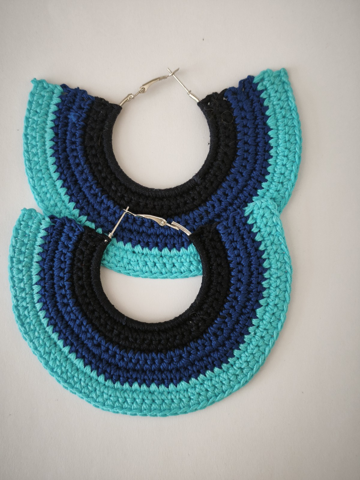 Blue striped statement crochet earrings, Blue extra large hoop earrings