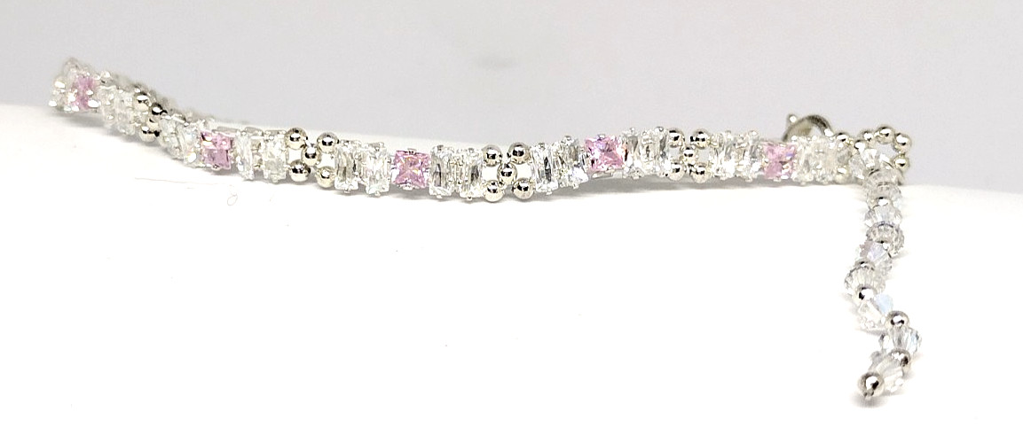 7-inch Bracelet Rectangle Stack – 2x4mm White, 3mm PINK Square Prong-Sets