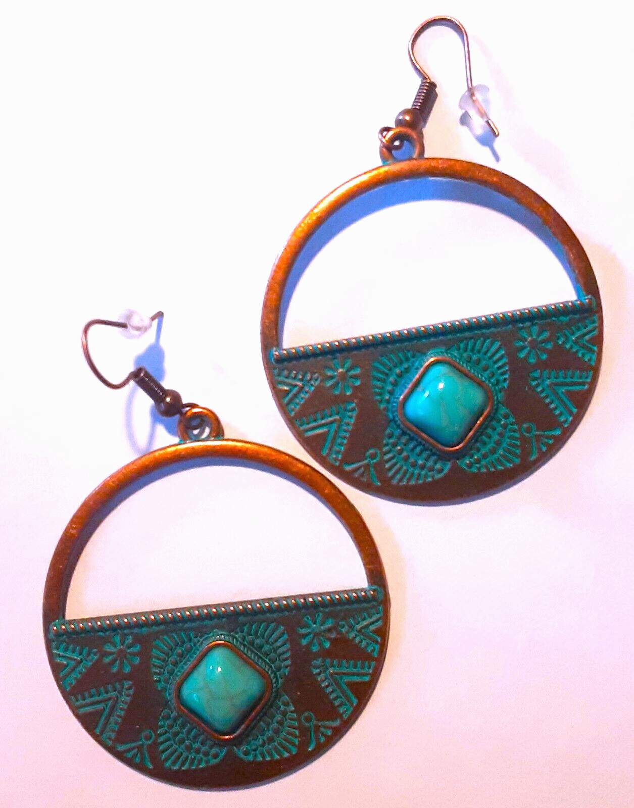 AGED COPPER & HOWLITE Tribal Inspired LARGE HOOPS earring FISH HOOK artisan #552