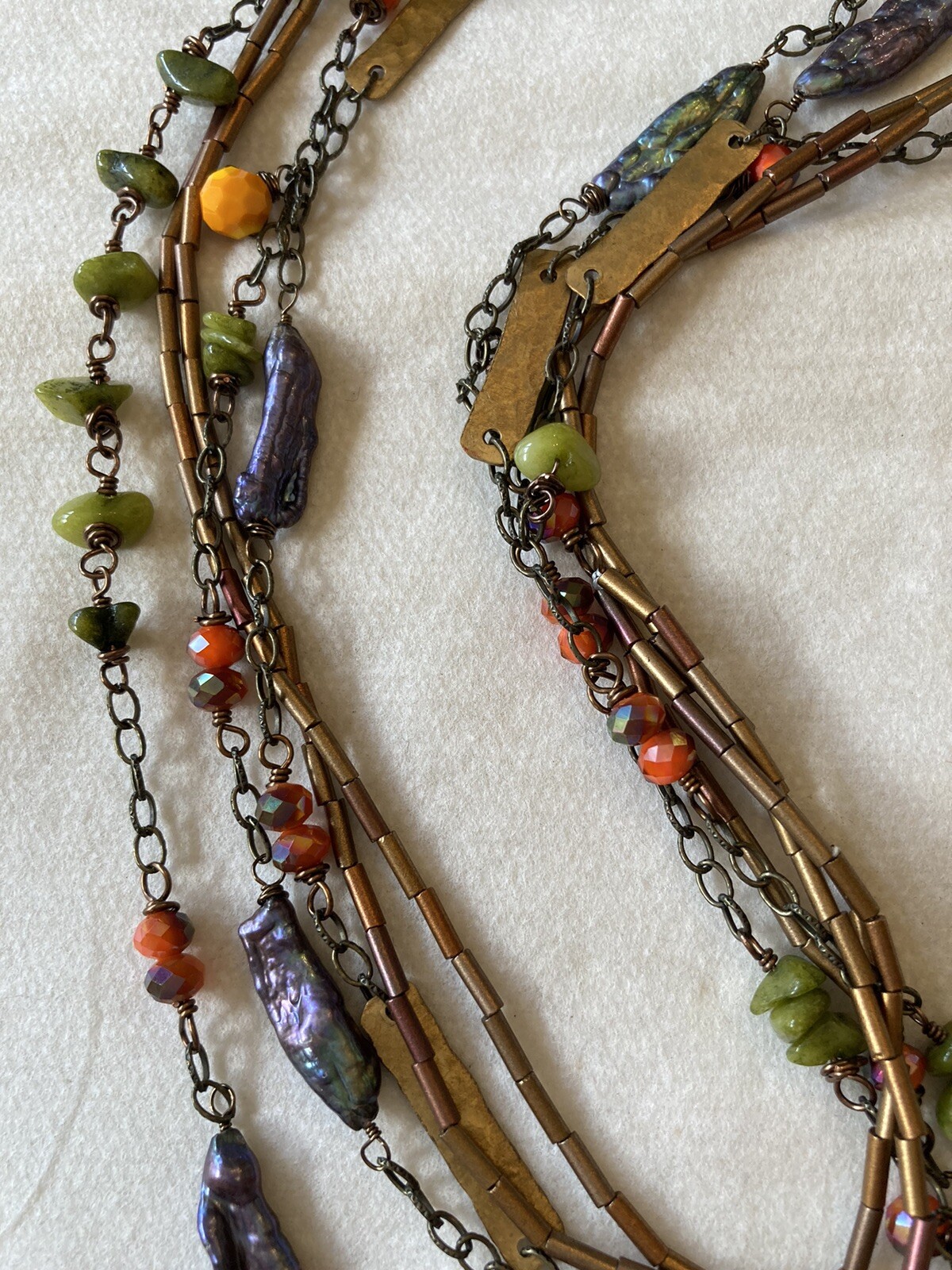 Artisan crafted long beaded necklace orange gold green purple chain wrap around