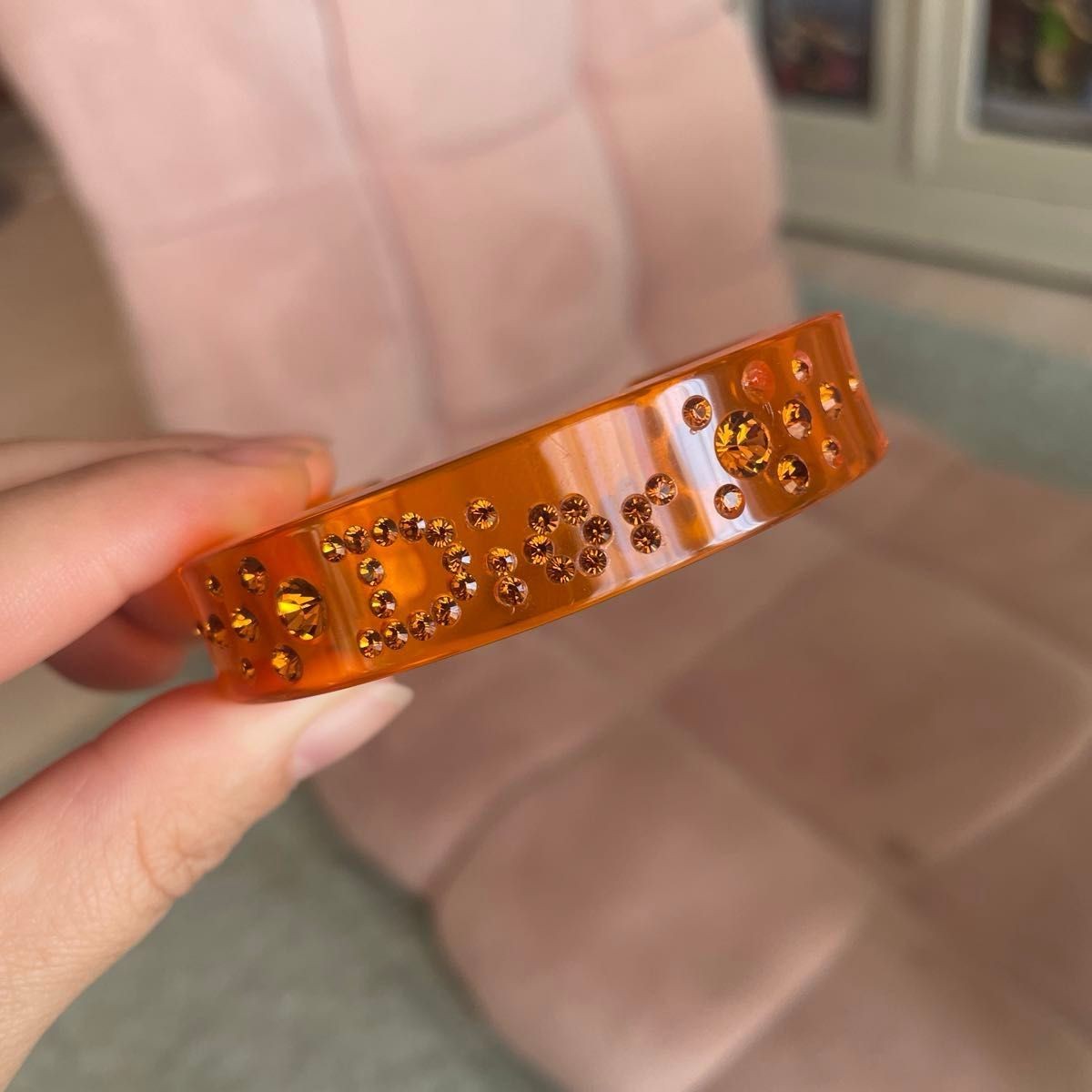 Christian Dior Logo Rhinestone Clear Orange Bangle Bracelet Cuff Accessory