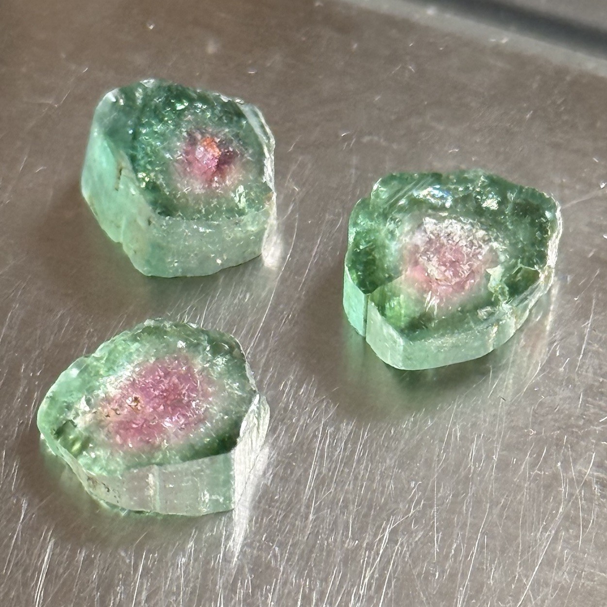 14ct 11-12×2.8-4.7mm 3pc Lot Pink Green Watermelon Tourmaline Slices Cabochons