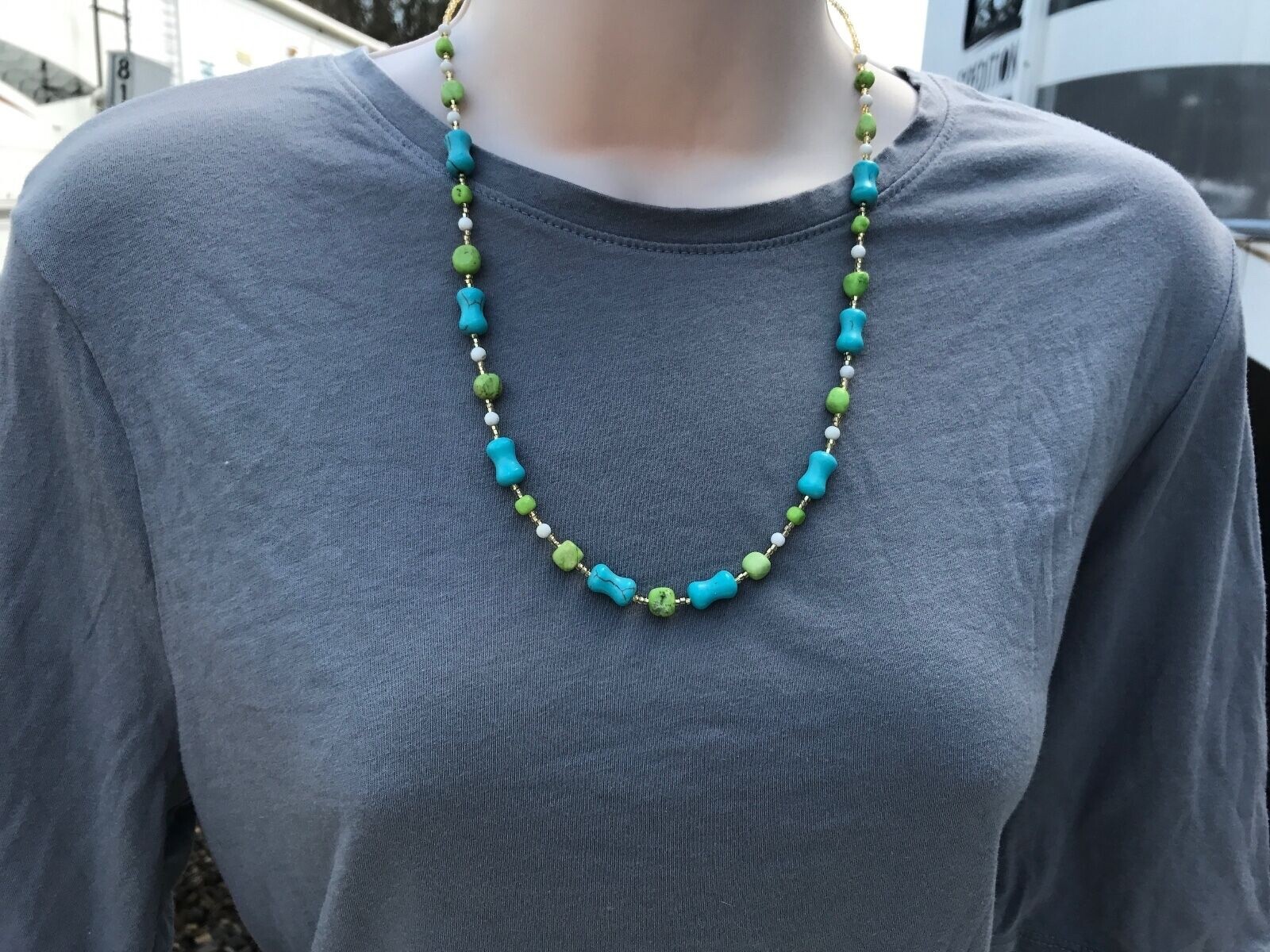 Handmade Necklace of Blue and White Magnesite with Green Chalk Turquoise Beads