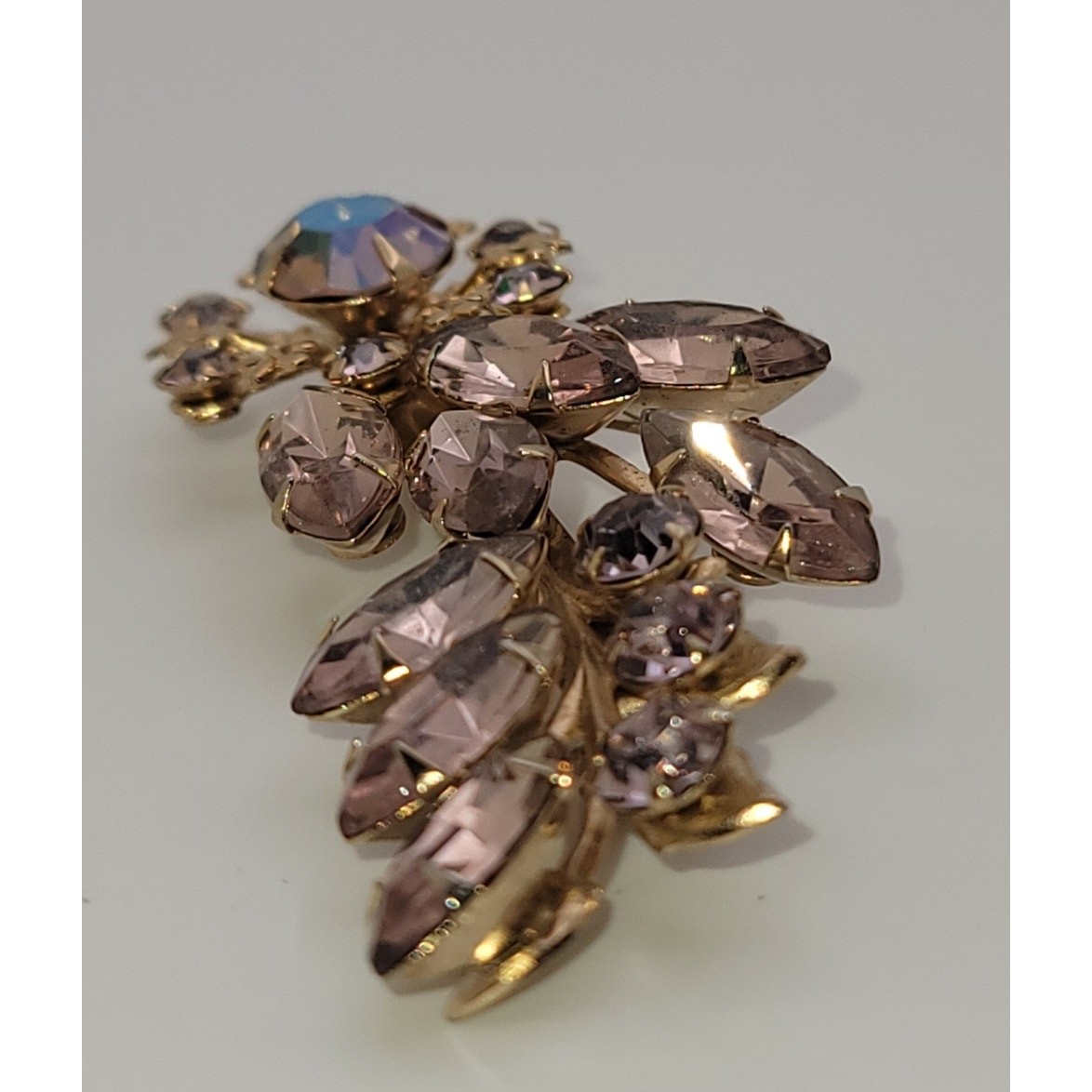Vintage Lavender Rhinestone Floral Brooch Central Aurora Borealis Stone