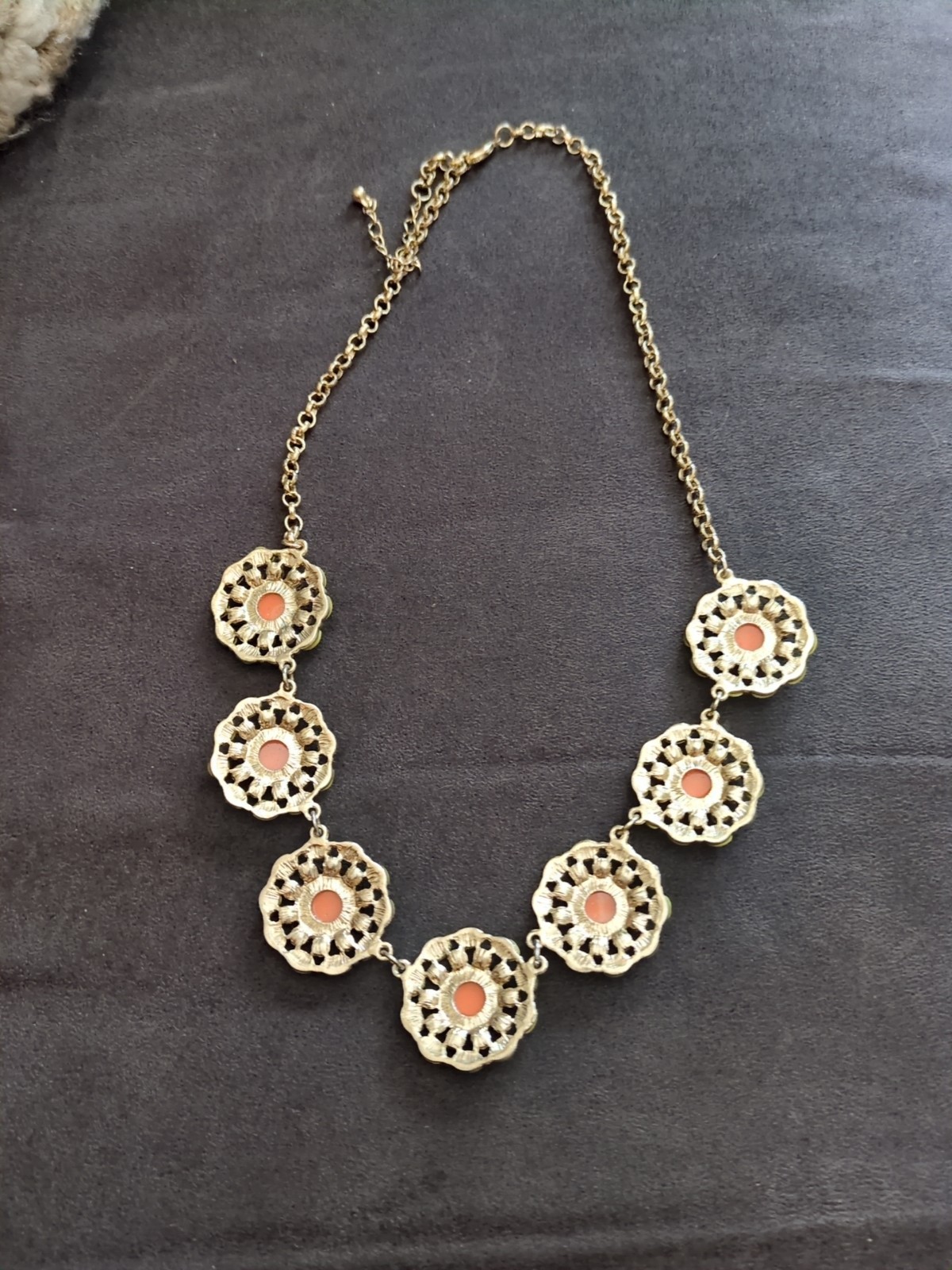 J. Crew Necklace 21″ With Extender, Rosettes Orange, Yellow, White Rhinestones