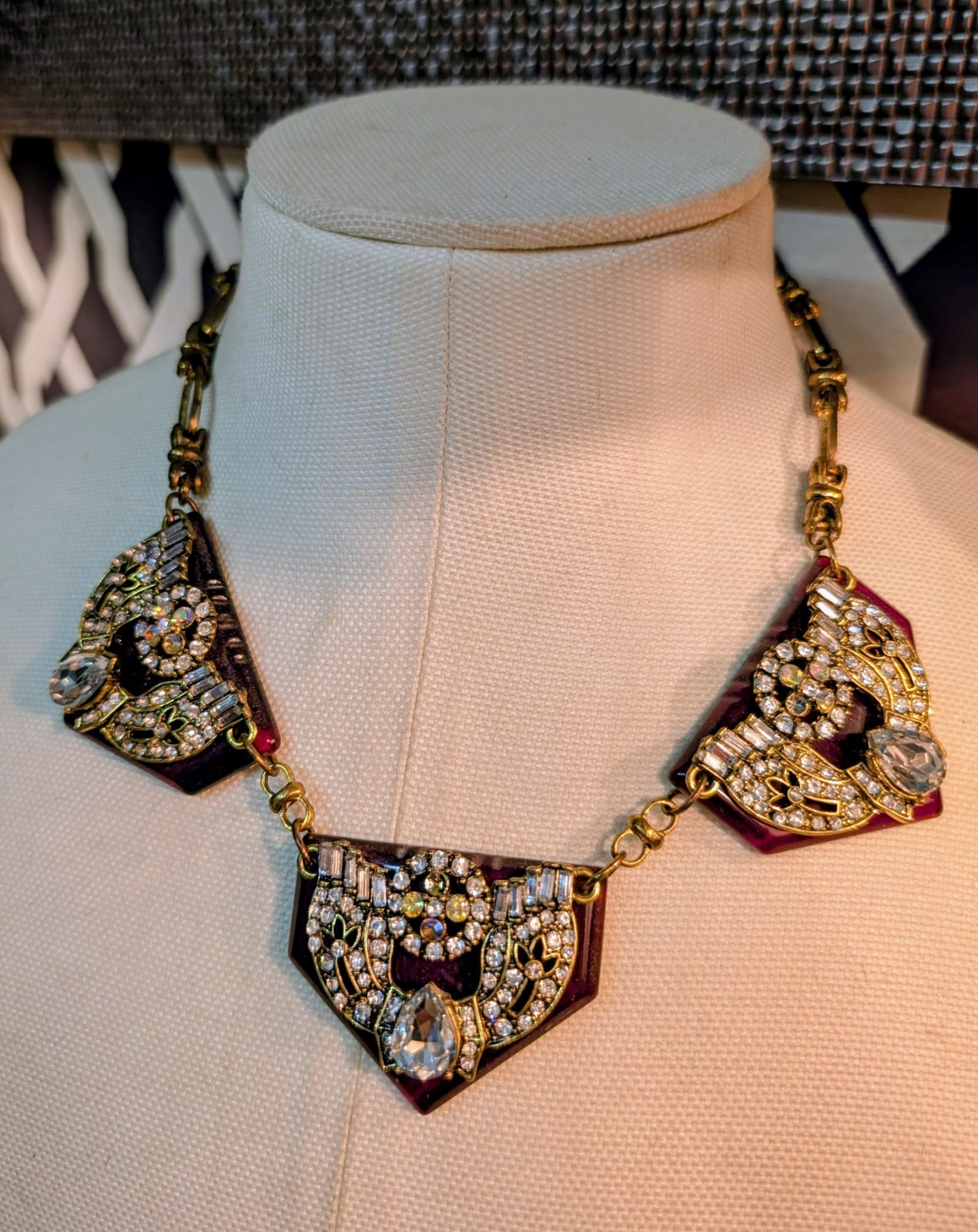 Stunning Necklace With 3 Dark Amber Pendants W/Large Sparkling Rhinestones