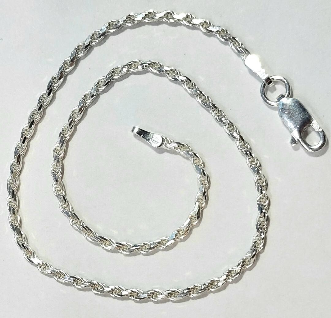 Rope Link Bracelet 8 inch Long 925 Sterling Silver 2 mm wide made in Italy
