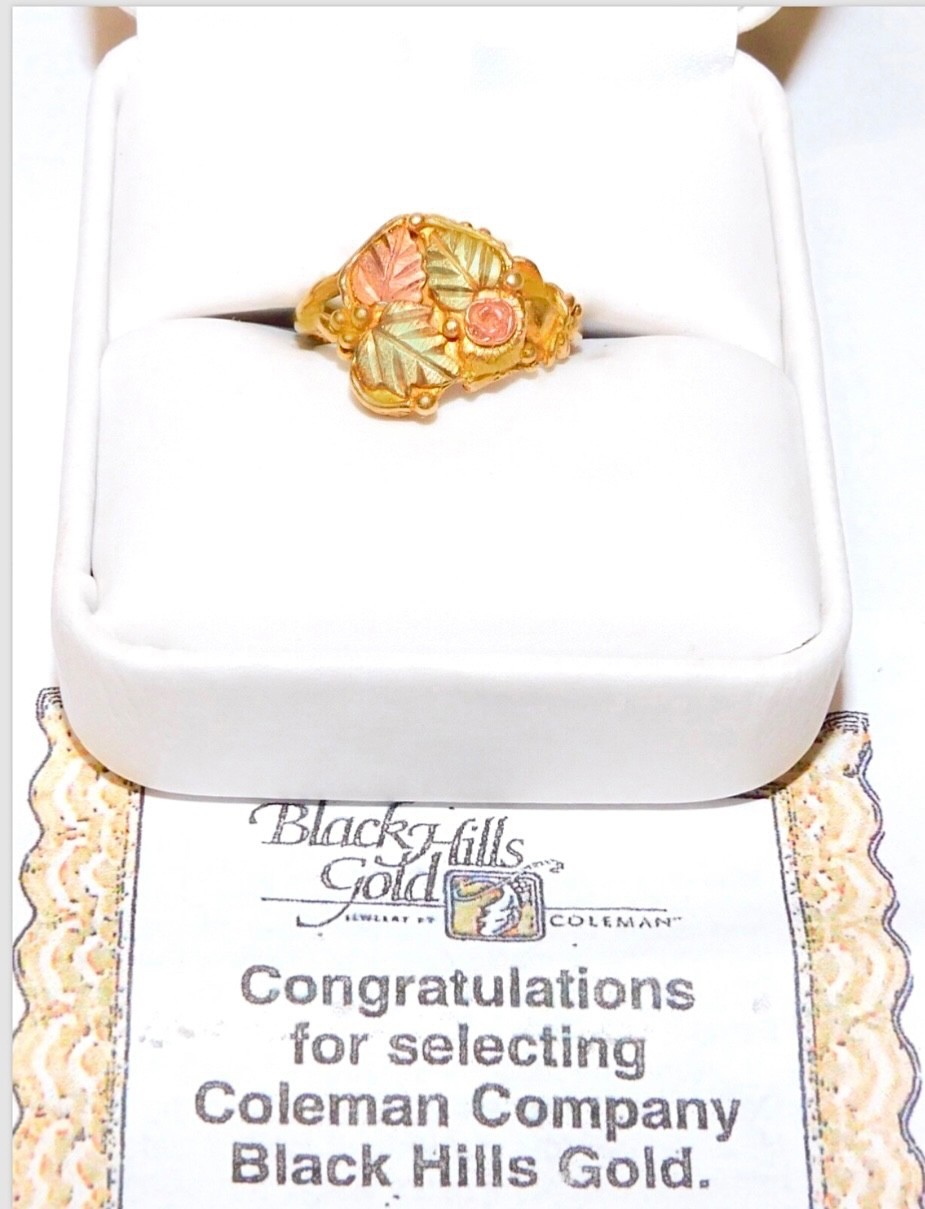 Black Hills Gold 10k Large Coleman Rose Three Leaves Ring Size 6 1/2
