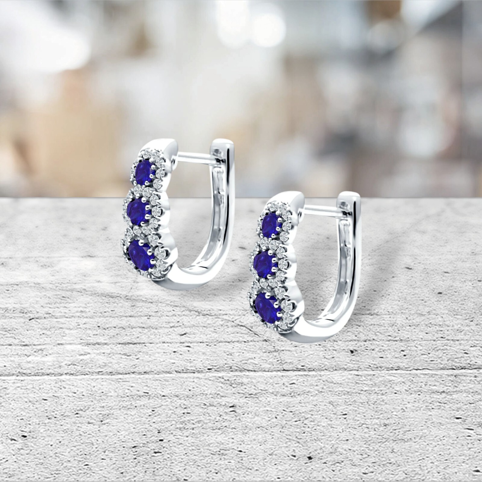 Genuine Blue Sapphire Halo Hoop Earrings in Solid Sterling Silver – 2 ct.