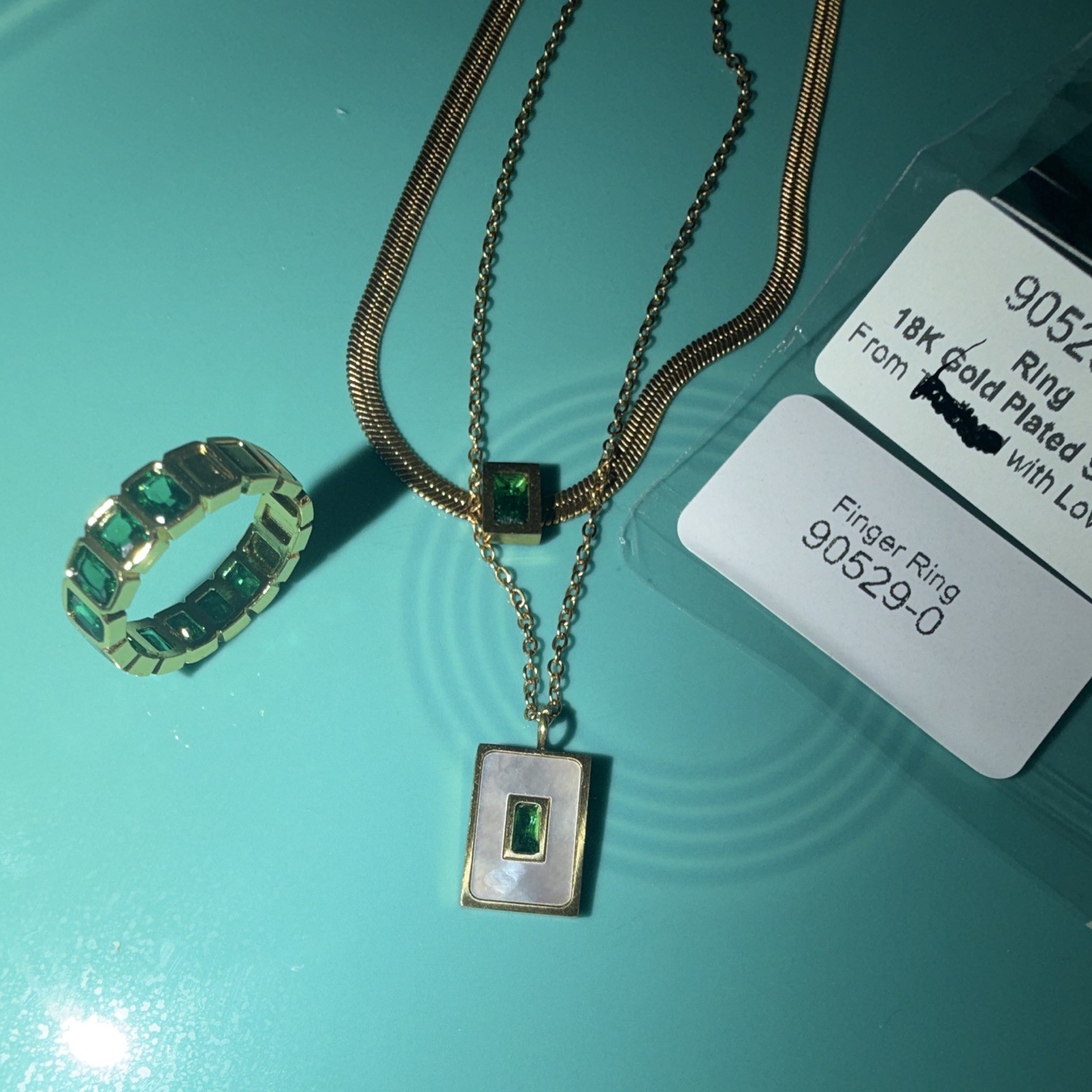 Luxury Style 18K Gold Plated Steel Necklace & Ring Set Gold/Green 90529-0