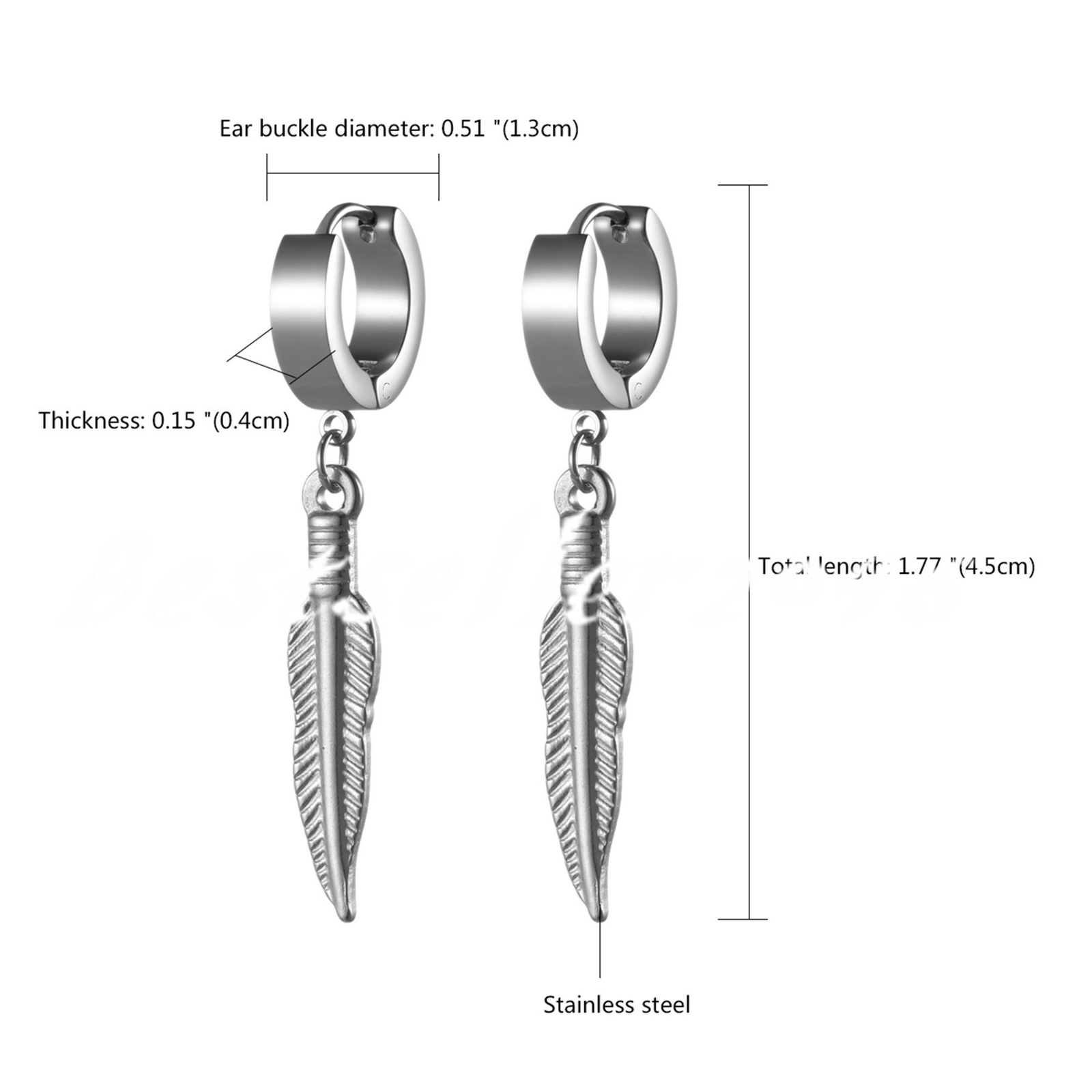 2pcs Men Women Stainless Steel Long Feather Dangle Hoop Huggie Earrings Studs