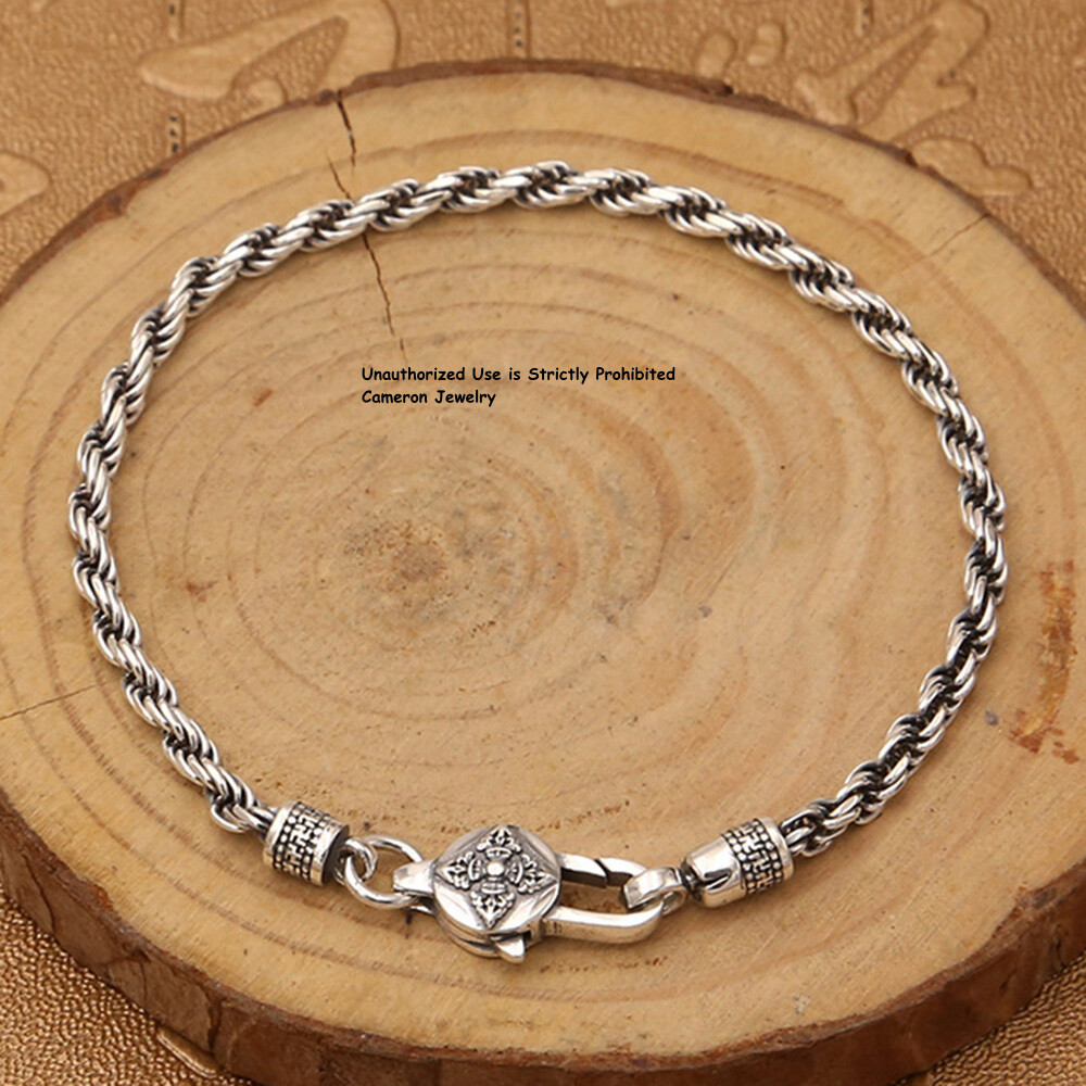Solid S925 Sterling Silver Chain Unisex 3mm Rope Link Bracelet 6.7-8.3inch