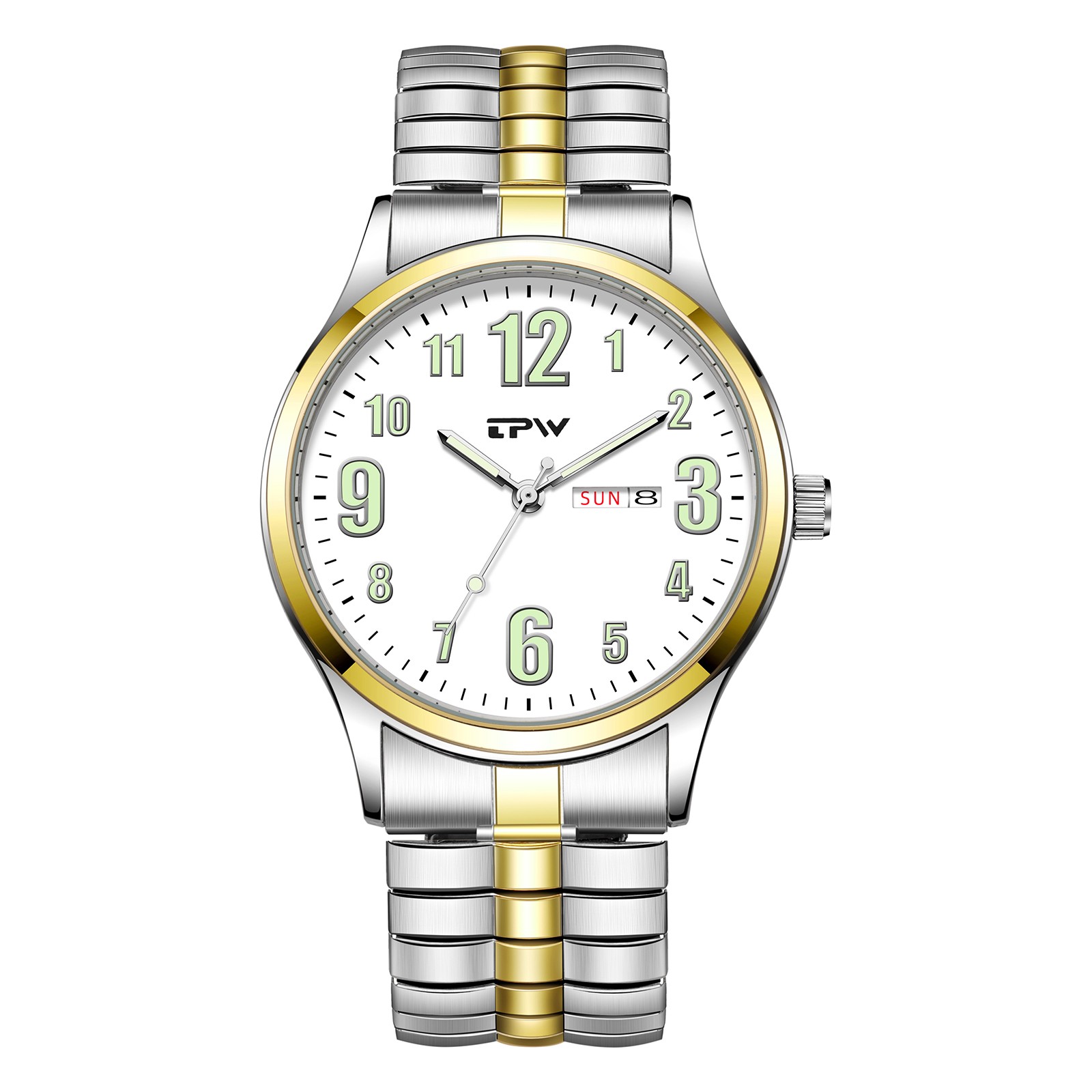 Large Arabic Numeral Easy to read Date Watch Stainless Steel Band Wristwatch
