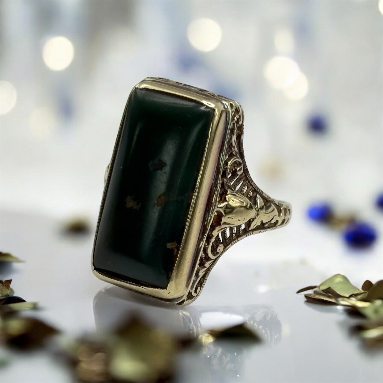 Antique Edwardian 14k Yellow Gold Filigree 18.2mm Chrysoprase Ring 3.94g RARE