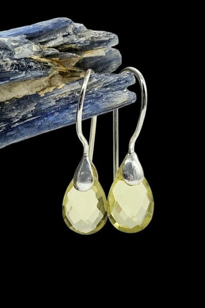 Teardrop Lemon Quartz Earrings, Checkerboard Faceted, Sterling Silver
