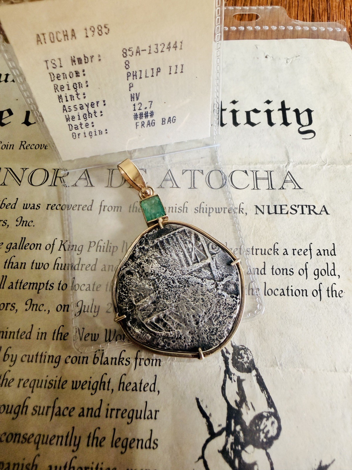 Authentic Atocha 8 Reales Pendant 14k Gold Bezel Emerald with COA Shipwreck Coin