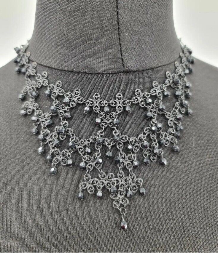 Black gothic metal bib necklace plastic bead steampunk Victorian vampire 24cm