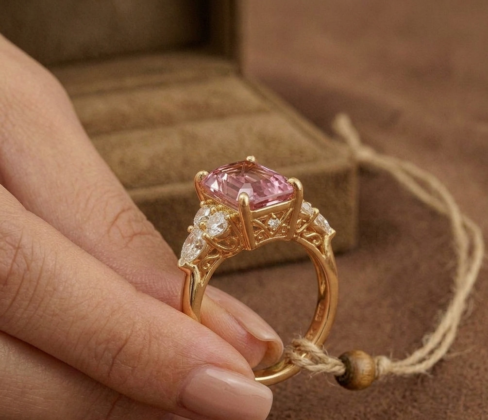 Natural Pink Sapphire & Diamond Wedding Gift Ring 14k Yellow Gold (Import Free)