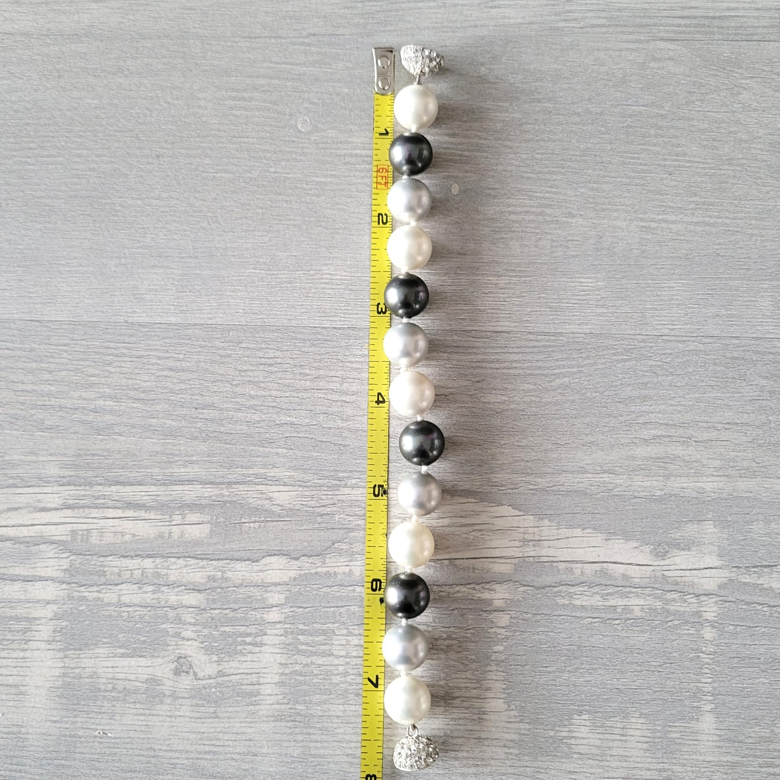 Faux Pearl Bracelet Black Gray White w/ 925 Sterling Silver Clasp + Stones NWOT