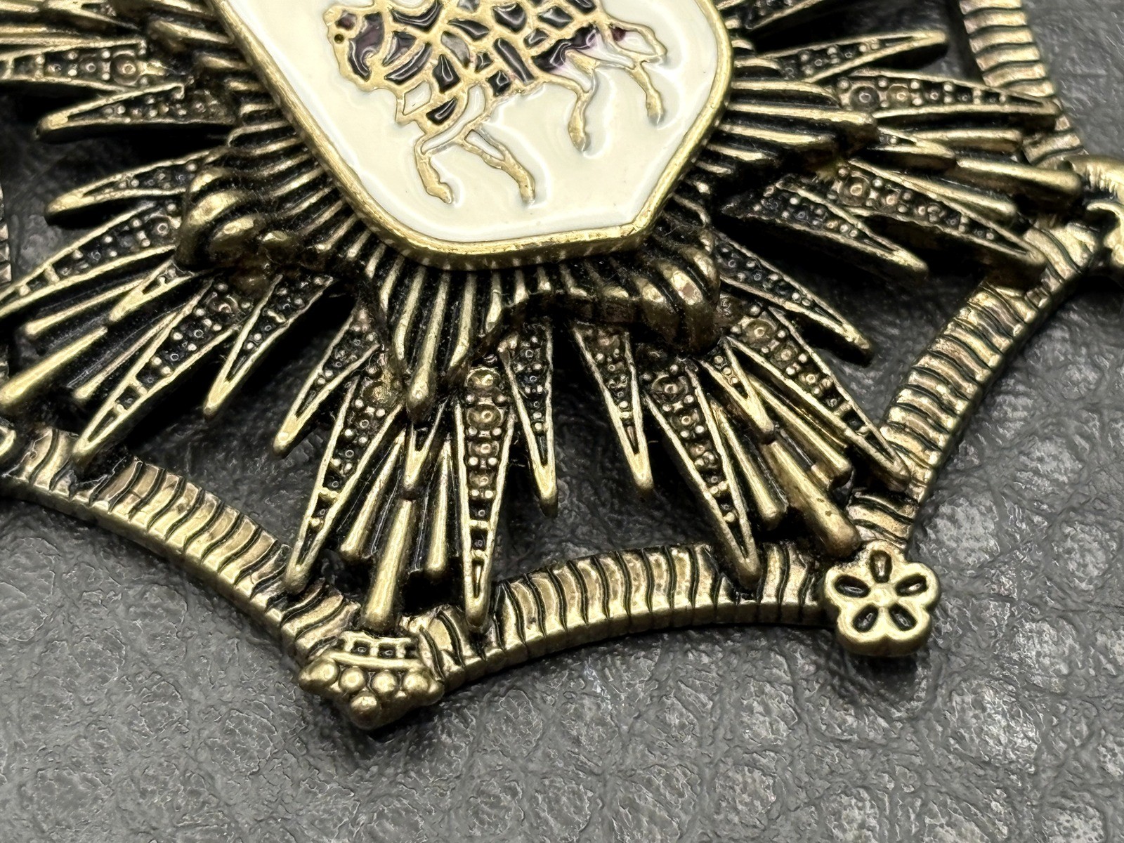 Vintage Large Heraldic Lion Knight Rampant Coat of Arms Pendant Brass Tone