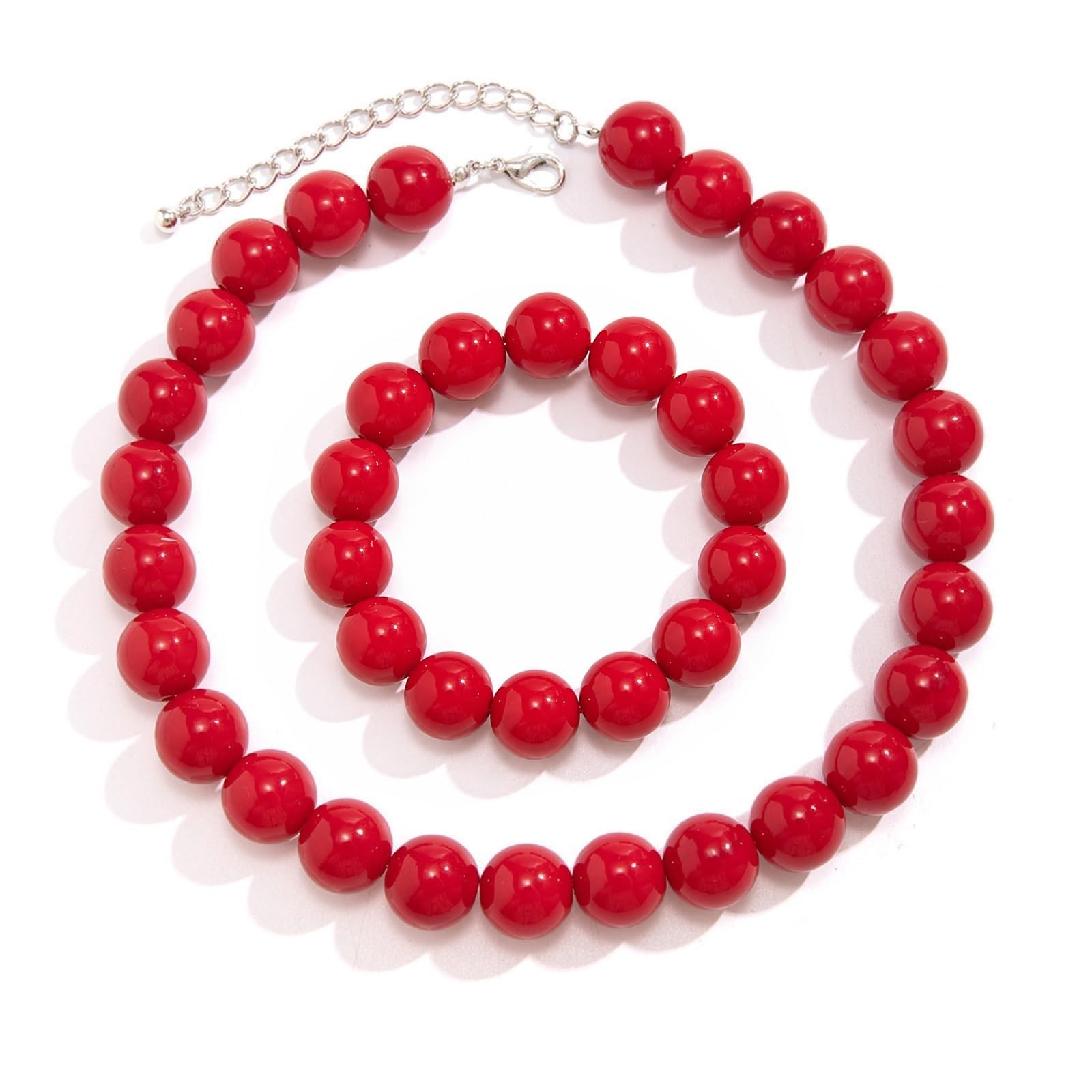 Chunky Red Beaded Necklace for Women – Adjustable 16MM Pearl Choker, Boho Statem