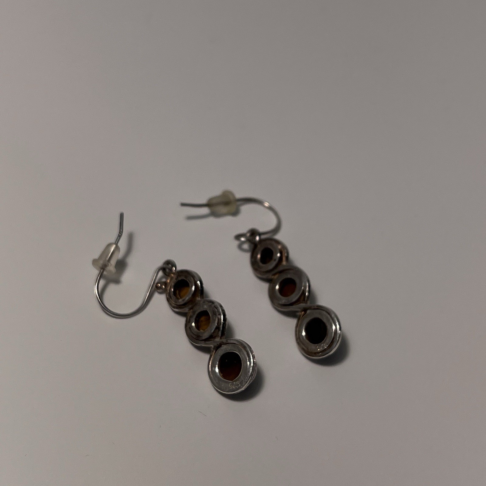 Vintage Sterling Silver TIGER’S EYE 3-Stone Dangle Earrings 1.125”