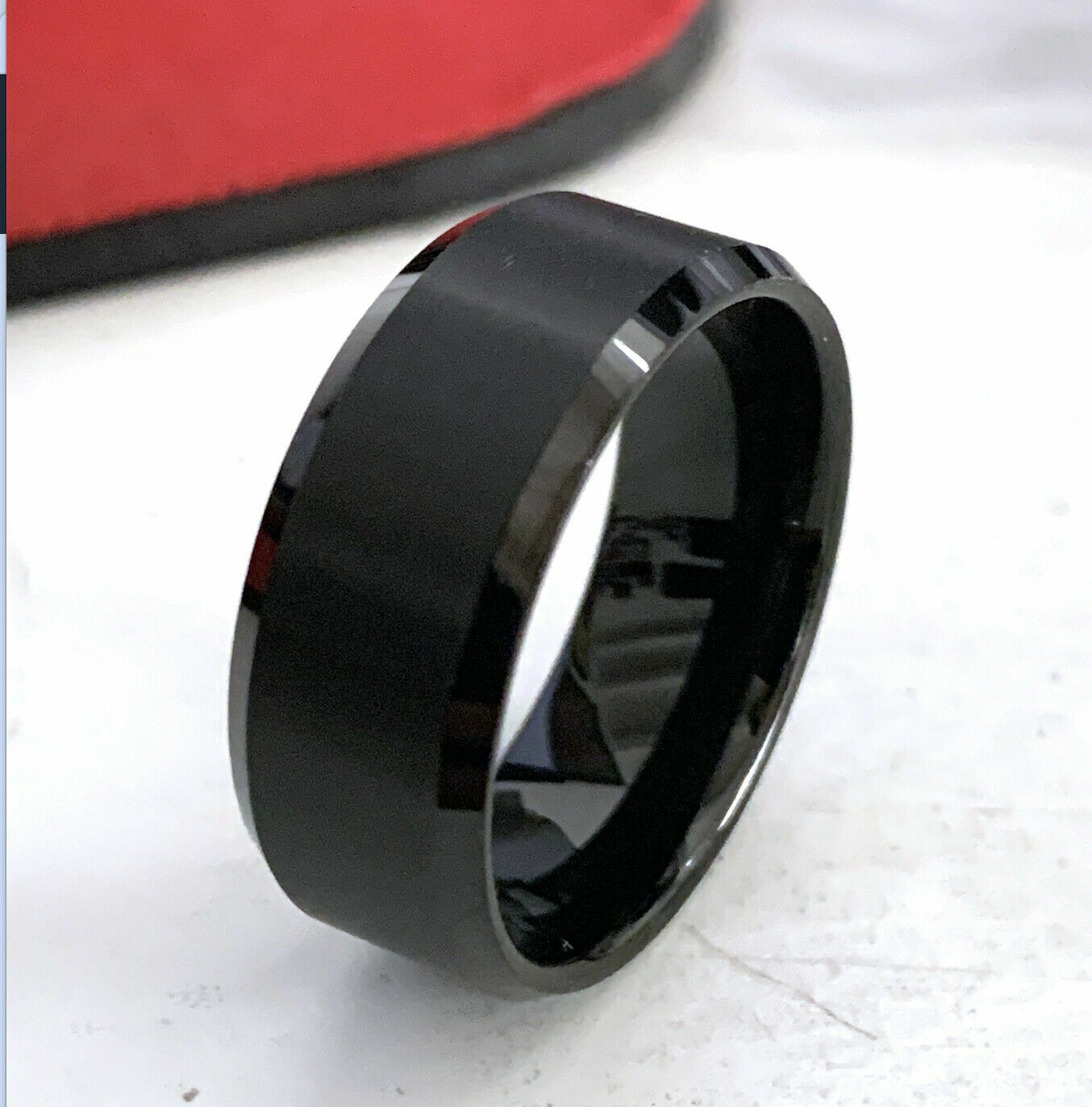 10mm Wide Men Black Tungsten Carbide Heavy Beveled Brushed Wedding Band Ring