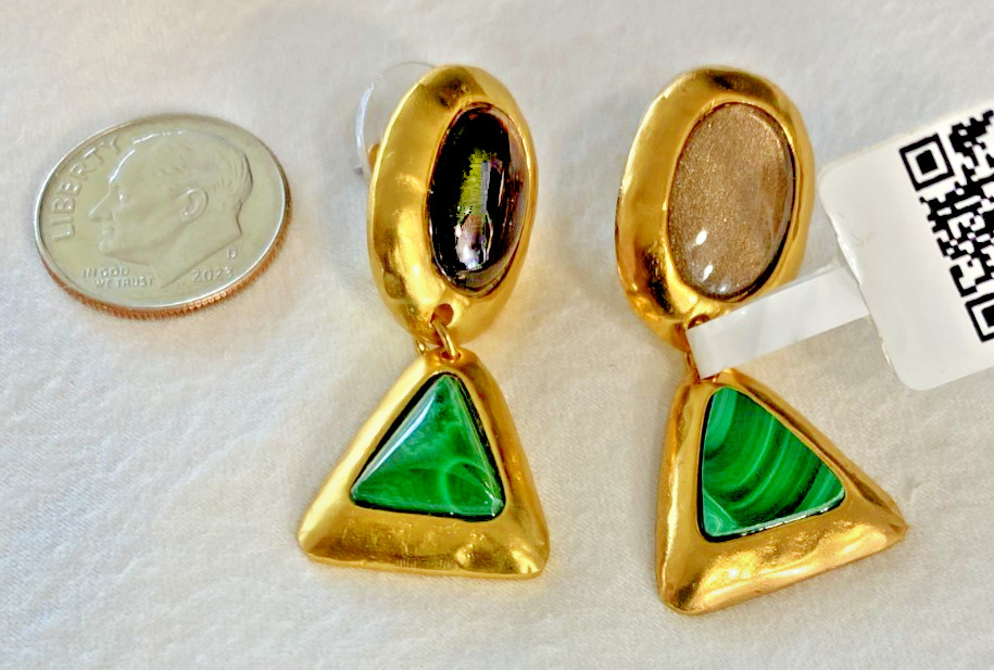Stephanie Kantis Quartz Malachite Drop Earrings 24K Gold Plated