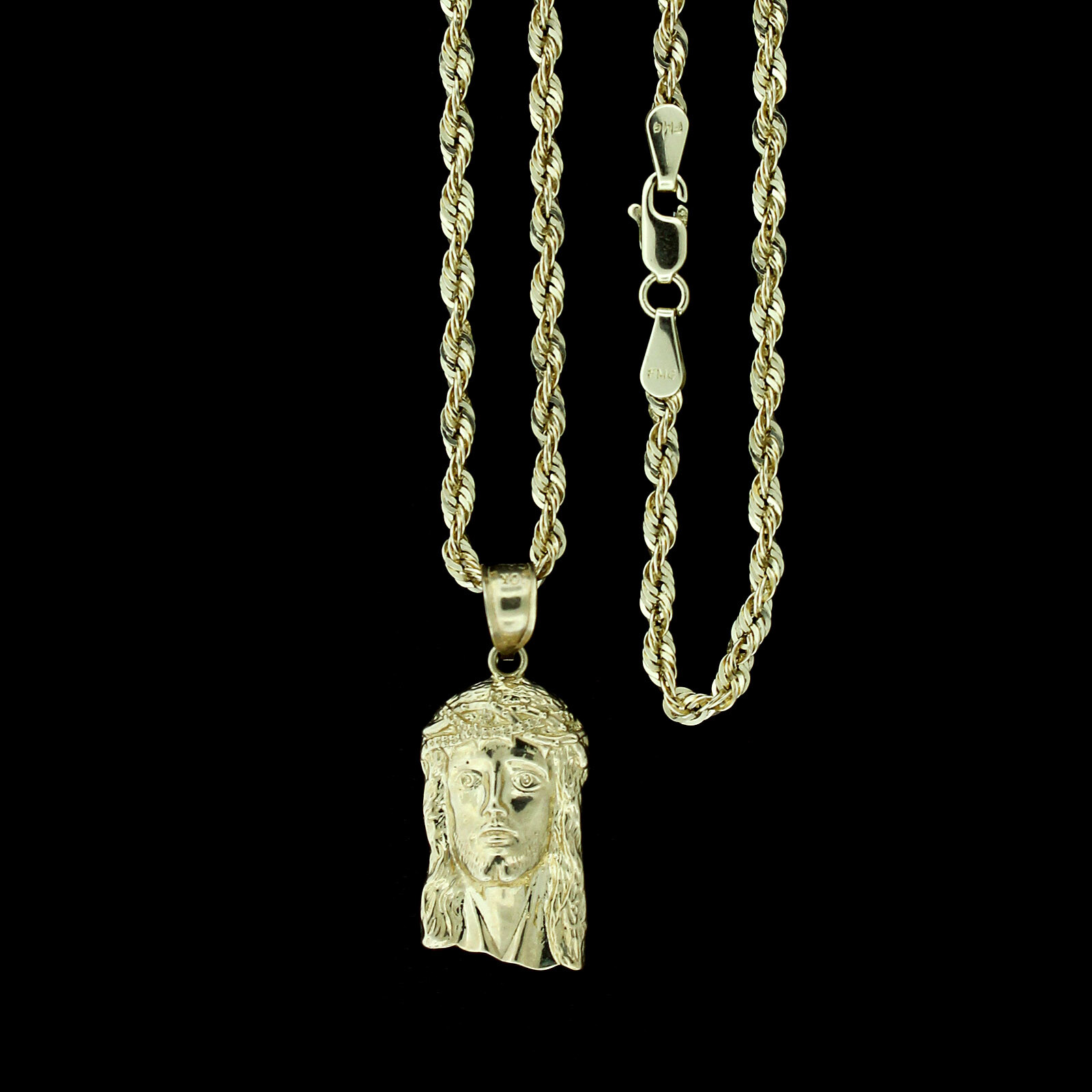 Mens Real 10K Yellow Gold Jesus Head Face Charm Pendant & 2.5mm Rope Chain