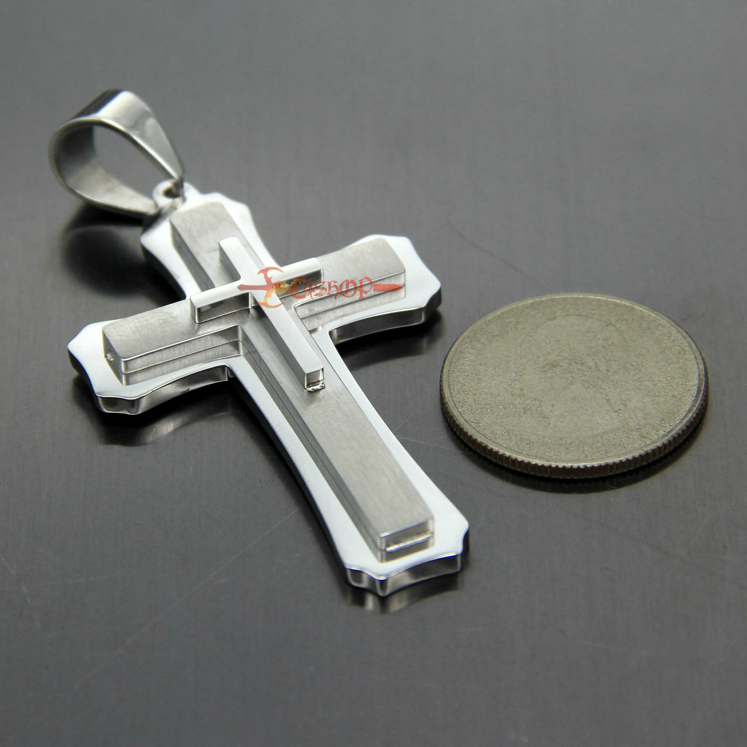Heavy & Big Mens 3 Layer Stainless Steel Christian Cross Pendant Necklace Silver