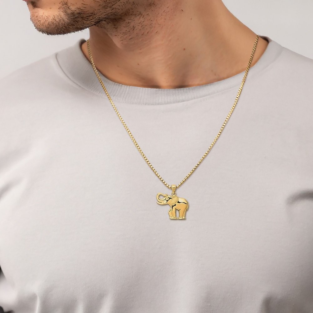 14K Solid Yellow Gold Medium Elephant Pendant Necklace 22mm 7/8 inch Polished,