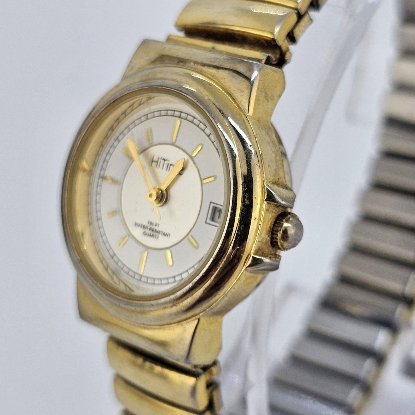 24MM Women’s Watch Gray Dial Gold Case Expandable Band Date 5.75″ New Battery