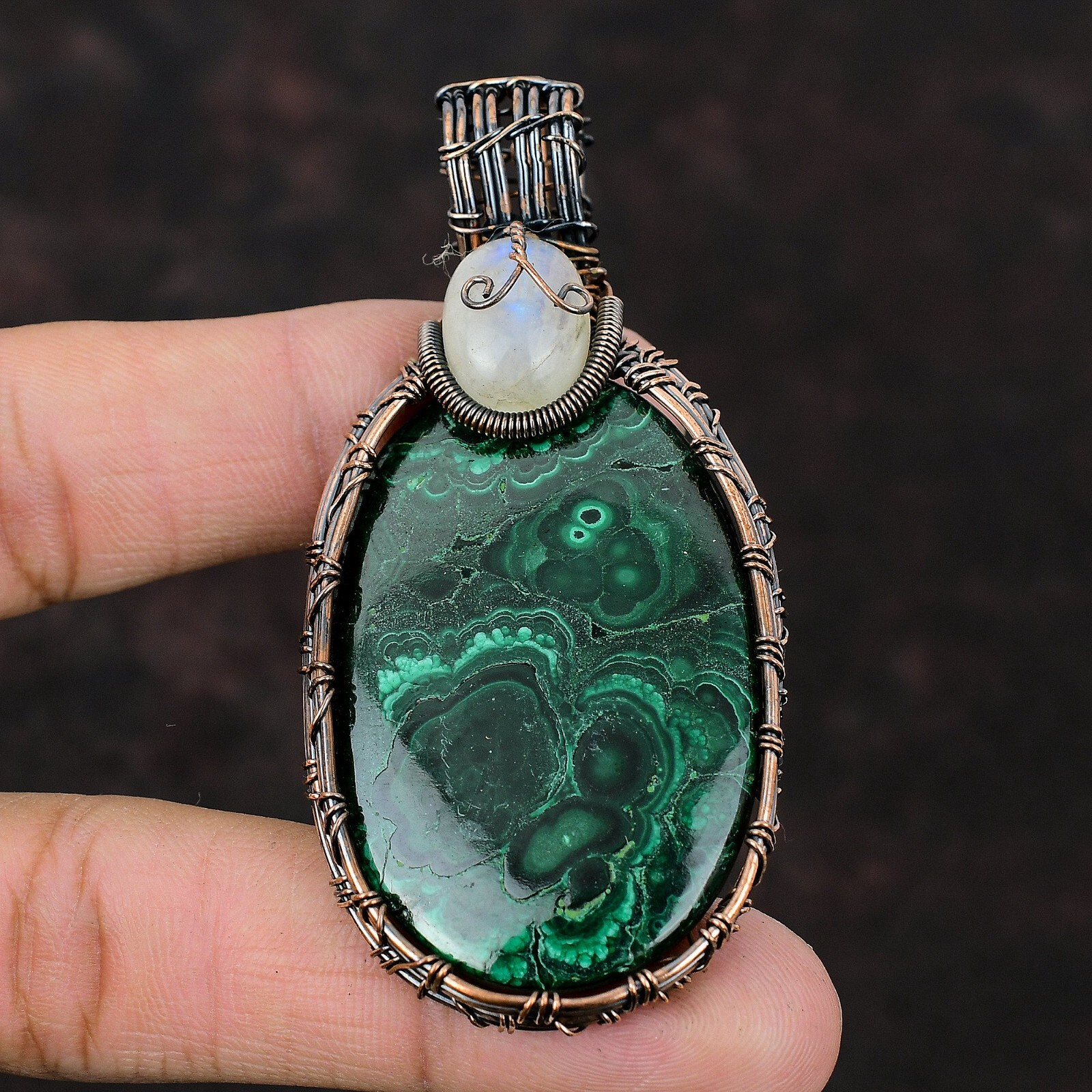 Gift For Her Russian Malachite Wire Wrapped Pendant Copper Jewelry 3.03″