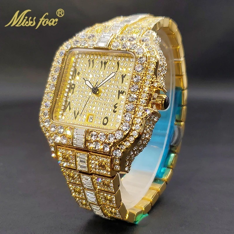Arabic Hip Hop Ice out Luxury Men Watch Iced King Bling Gold Baguette Cz Diamond