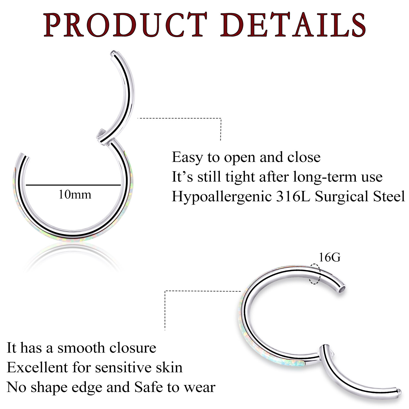 1pc 16G Surgical Steel Hinged Clicker Nose Hoop Cartilage Ring Piercing Jewelry