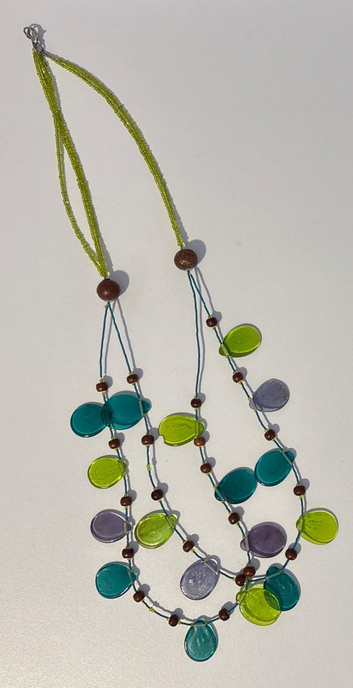 Vintage Glass Beaded Multi Strand Green Blue Purple & Brown Wood Necklace 28″